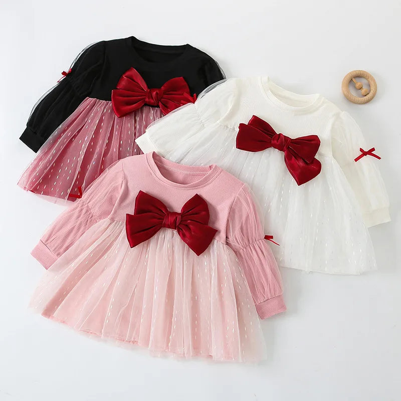 Children'S Korean Version Dress Girls' Spring and Autumn Fashion Long Sleeved Bow Mesh Dress Baby'S Birthday Dress 0-4Y