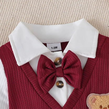 Newborn Baby Boy Bodysuit Lapel Bow College Style Long Sleeves Jumpsuit for 0-18 Months Baby Boys in Spring and Autumn Bodysuit