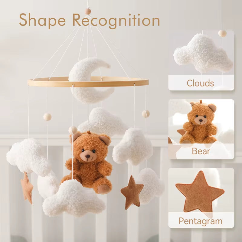 Wooden Crib Mobile Baby Bed Bell Rattle Toy Soft Felt Cartoon Bear Mobile Bracket Newborn Music Box Bed Bell Hanging Bracket Toy
