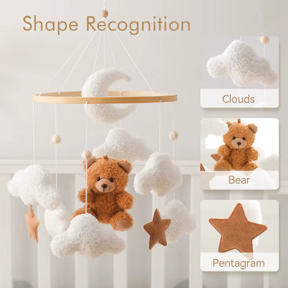 Wooden Crib Mobile Baby Bed Bell Rattle Toy Soft Felt Cartoon Bear Mobile Bracket Newborn Music Box Bed Bell Hanging Bracket Toy