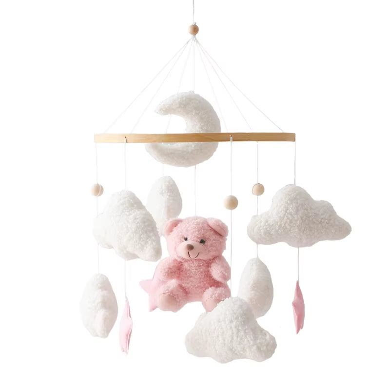 Wooden Crib Mobile Baby Bed Bell Rattle Toy Soft Felt Cartoon Bear Mobile Bracket Newborn Music Box Bed Bell Hanging Bracket Toy