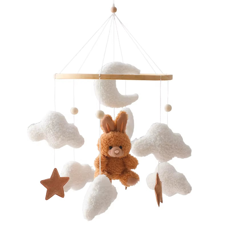 Wooden Crib Mobile Baby Bed Bell Rattle Toy Soft Felt Cartoon Bear Mobile Bracket Newborn Music Box Bed Bell Hanging Bracket Toy