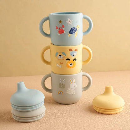 1PCS Cartoon Silicone Baby Feeding Cup BPA Free Leak Proof Training Cup with Handle Travel Friendly Dishwasher Safe Baby Stuff