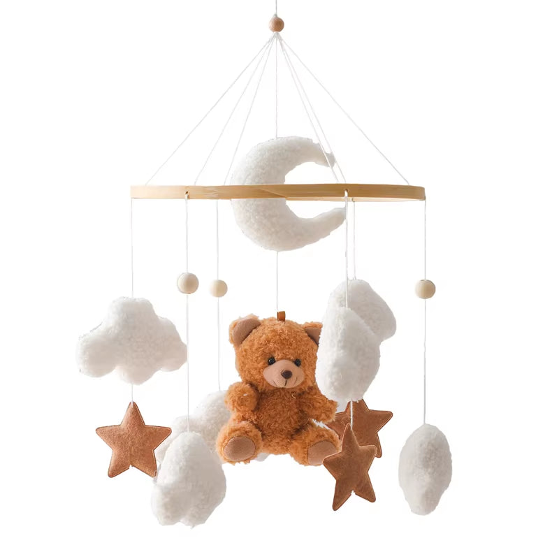 Wooden Crib Mobile Baby Bed Bell Rattle Toy Soft Felt Cartoon Bear Mobile Bracket Newborn Music Box Bed Bell Hanging Bracket Toy