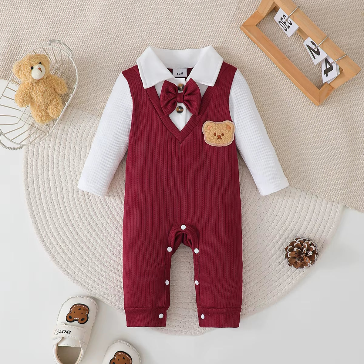 Newborn Baby Boy Bodysuit Lapel Bow College Style Long Sleeves Jumpsuit for 0-18 Months Baby Boys in Spring and Autumn Bodysuit