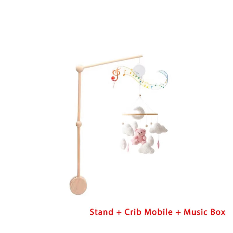 Wooden Crib Mobile Baby Bed Bell Rattle Toy Soft Felt Cartoon Bear Mobile Bracket Newborn Music Box Bed Bell Hanging Bracket Toy