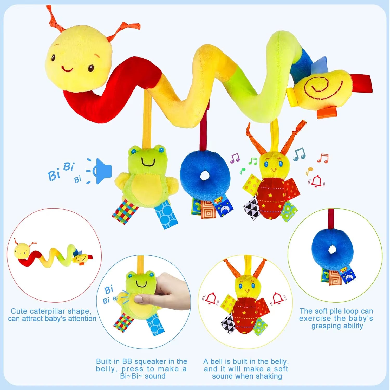 Spiral Car Seat Stroller Activity Toy Baby Sensory Toys, Soft Hanging Toys for Babies 0-12 Months Carseat Crib Stroller Bell