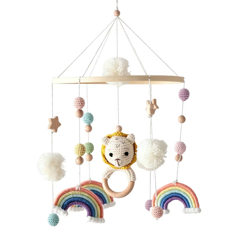 Wooden Crib Mobile Baby Bed Bell Rattle Toy Soft Felt Cartoon Bear Mobile Bracket Newborn Music Box Bed Bell Hanging Bracket Toy