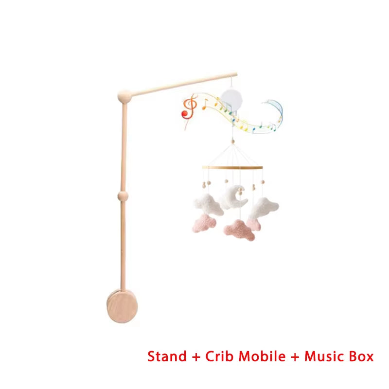 Wooden Crib Mobile Baby Bed Bell Rattle Toy Soft Felt Cartoon Bear Mobile Bracket Newborn Music Box Bed Bell Hanging Bracket Toy