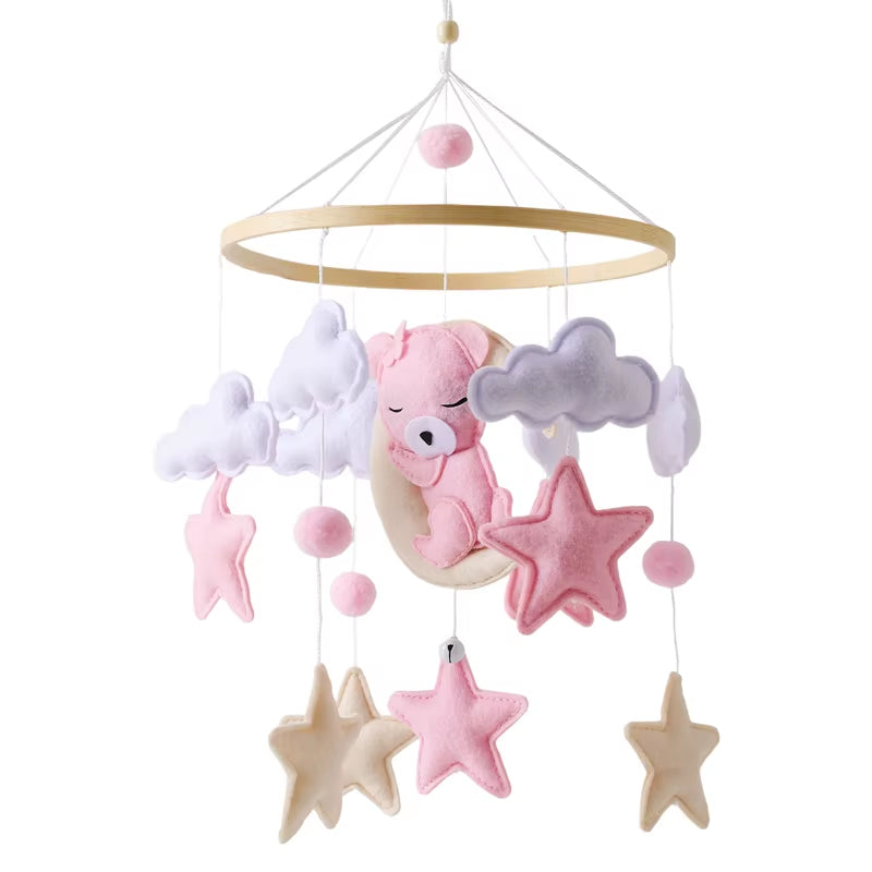 Wooden Crib Mobile Baby Bed Bell Rattle Toy Soft Felt Cartoon Bear Mobile Bracket Newborn Music Box Bed Bell Hanging Bracket Toy