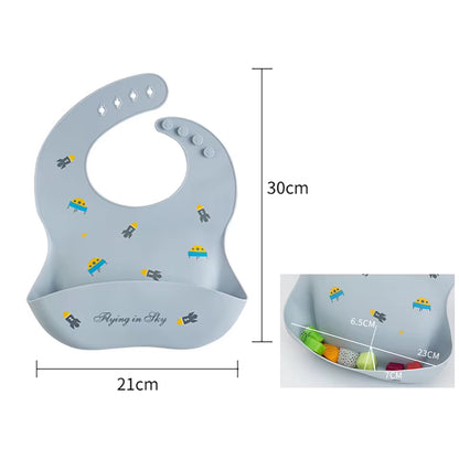 Waterproof Bibs for Kids Feeding Baby Eating Stuff Soft Silicone Babeast Cartoon Printed Adjustable Baby Tasting Feeding Bibs