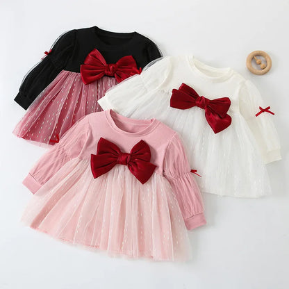 Children'S Korean Version Dress Girls' Spring and Autumn Fashion Long Sleeved Bow Mesh Dress Baby'S Birthday Dress 0-4Y