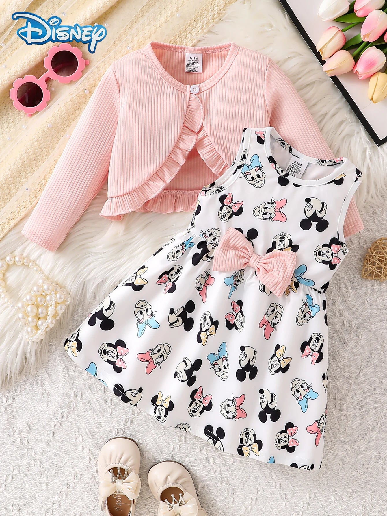 Disney Minnie and Daisy 2Pcs Spring, Autumn, and Winter Baby Girl Dress Set Baby Knitted Button Skirt Cardigan Long Sleeve Jacket + Cartoon Minnie and Daisy All-Over Print Bow Decoration Waist-Tie Dress Children'S Everyday Versatile Outdoor Sports Clothing Girls' Fashionable Playful and Energetic Clothing as an Ideal Gift