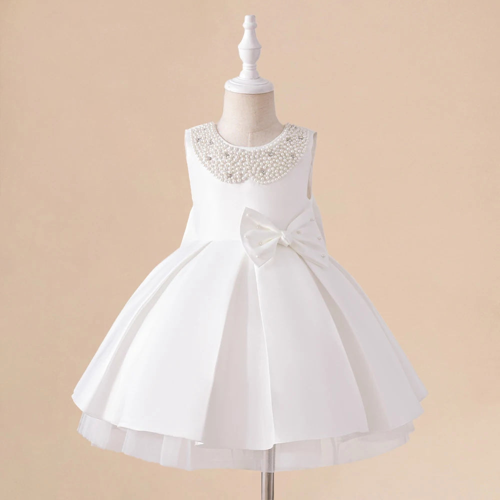 Toddler White Wedding Satin Princess Baby Girl Dress Big Bow 1 Year Birthday Baptism Party Dress for Girl Bridemaid Kids Clothin
