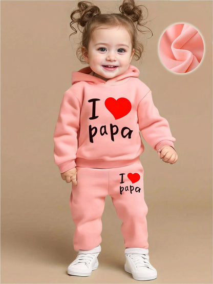 Newborn Baby Girl'S English Printed Fleece Hoodie and Sporty Casual Pants Are Suitable for Outdoor Use