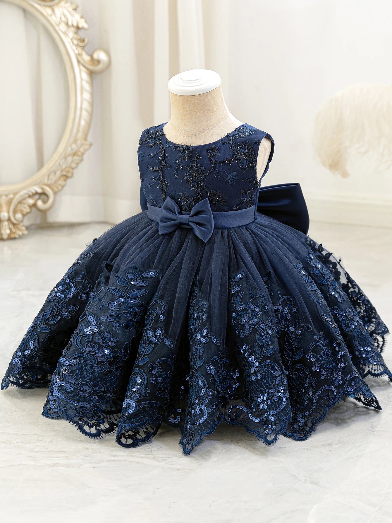Baby Girl Royal Blue Lace Dress with Bow Puffy Mesh Party Dress Mesh Elegant Princess Dress
