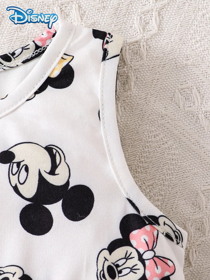 Disney Minnie and Daisy 2Pcs Spring, Autumn, and Winter Baby Girl Dress Set Baby Knitted Button Skirt Cardigan Long Sleeve Jacket + Cartoon Minnie and Daisy All-Over Print Bow Decoration Waist-Tie Dress Children'S Everyday Versatile Outdoor Sports Clothing Girls' Fashionable Playful and Energetic Clothing as an Ideal Gift