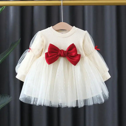 Children'S Korean Version Dress Girls' Spring and Autumn Fashion Long Sleeved Bow Mesh Dress Baby'S Birthday Dress 0-4Y