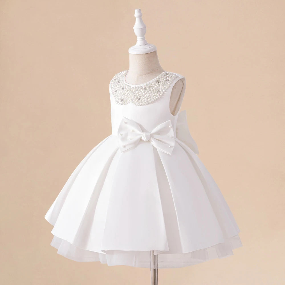 Toddler White Wedding Satin Princess Baby Girl Dress Big Bow 1 Year Birthday Baptism Party Dress for Girl Bridemaid Kids Clothin