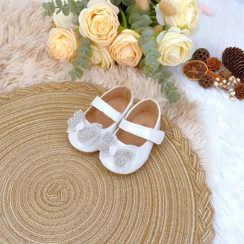 Casual Cute Rhinestone Bowknot Decor Mary Jane Shoes for Baby Girls, Lightweight Non-Slip Walking Shoes for Spring and Autumn