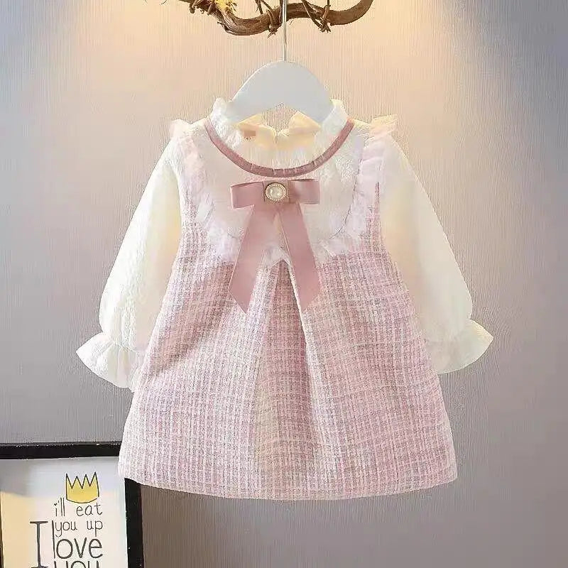 Girls Long Sleeve Skirt Cute Loose Dress Outer Wear Spring New Korean Style Clothing Kids Casual Fashion round Neck Bow Skirt