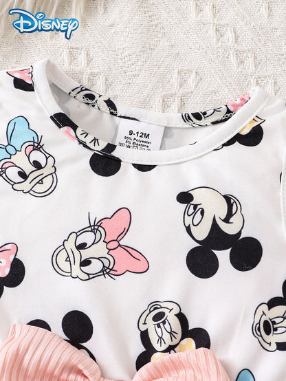 Disney Minnie and Daisy 2Pcs Spring, Autumn, and Winter Baby Girl Dress Set Baby Knitted Button Skirt Cardigan Long Sleeve Jacket + Cartoon Minnie and Daisy All-Over Print Bow Decoration Waist-Tie Dress Children'S Everyday Versatile Outdoor Sports Clothing Girls' Fashionable Playful and Energetic Clothing as an Ideal Gift