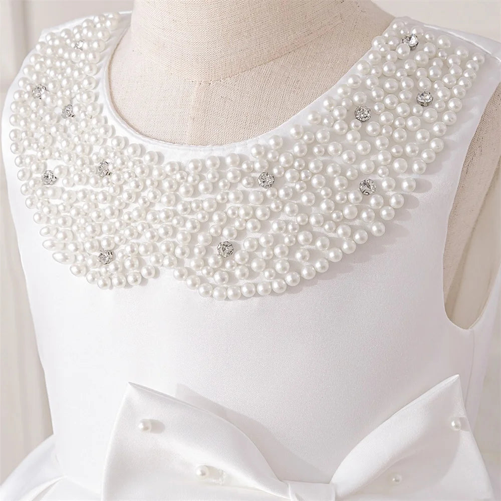 Toddler White Wedding Satin Princess Baby Girl Dress Big Bow 1 Year Birthday Baptism Party Dress for Girl Bridemaid Kids Clothin