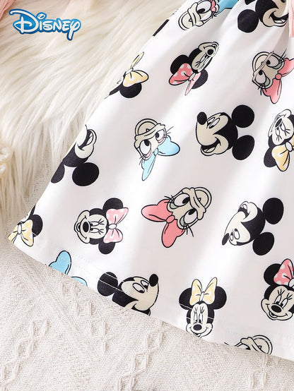 Disney Minnie and Daisy 2Pcs Spring, Autumn, and Winter Baby Girl Dress Set Baby Knitted Button Skirt Cardigan Long Sleeve Jacket + Cartoon Minnie and Daisy All-Over Print Bow Decoration Waist-Tie Dress Children'S Everyday Versatile Outdoor Sports Clothing Girls' Fashionable Playful and Energetic Clothing as an Ideal Gift