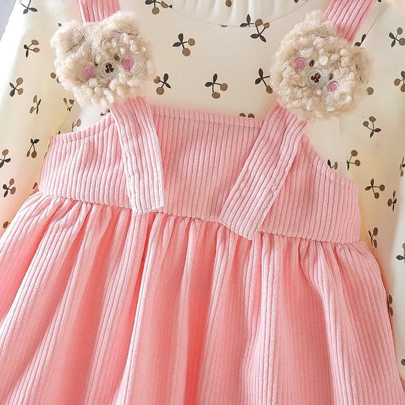 Fake Two Pieces Dress Corduroy Cartoon Bear Cherry Print Splicing Dresses Girls Princess Birthday Gift Kid Spring Autumn Clothes