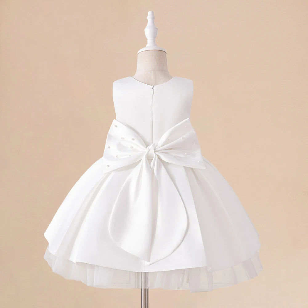 Toddler White Wedding Satin Princess Baby Girl Dress Big Bow 1 Year Birthday Baptism Party Dress for Girl Bridemaid Kids Clothin