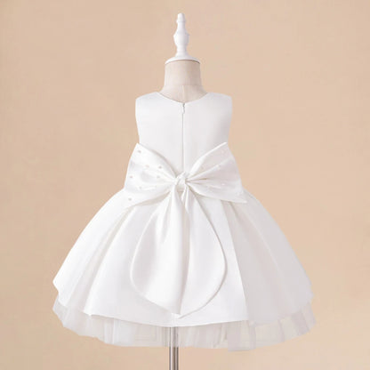 Toddler White Wedding Satin Princess Baby Girl Dress Big Bow 1 Year Birthday Baptism Party Dress for Girl Bridemaid Kids Clothin