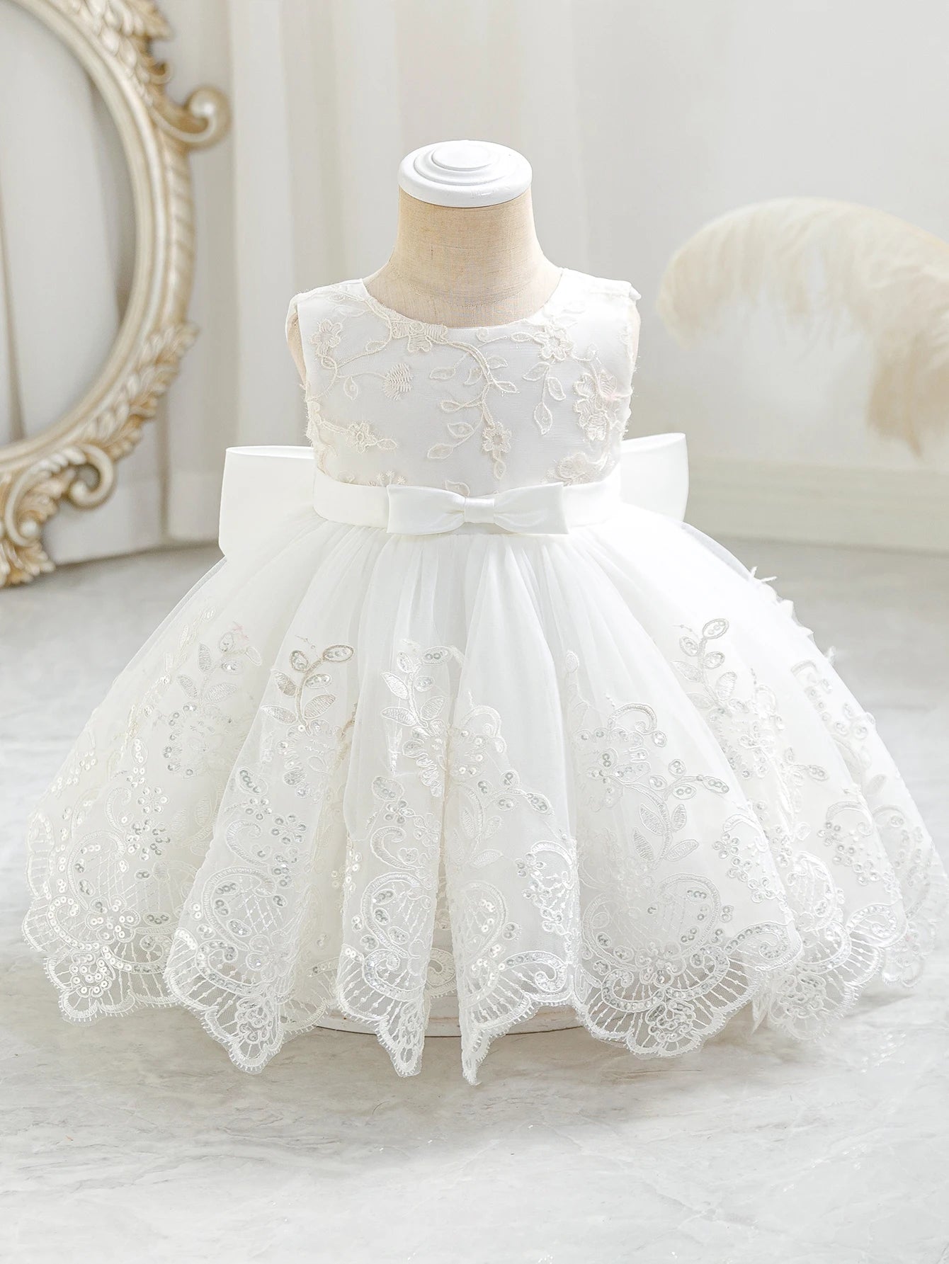 Baby Girl Royal Blue Lace Dress with Bow Puffy Mesh Party Dress Mesh Elegant Princess Dress