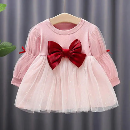 Children'S Korean Version Dress Girls' Spring and Autumn Fashion Long Sleeved Bow Mesh Dress Baby'S Birthday Dress 0-4Y