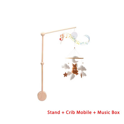 Wooden Crib Mobile Baby Bed Bell Rattle Toy Soft Felt Cartoon Bear Mobile Bracket Newborn Music Box Bed Bell Hanging Bracket Toy