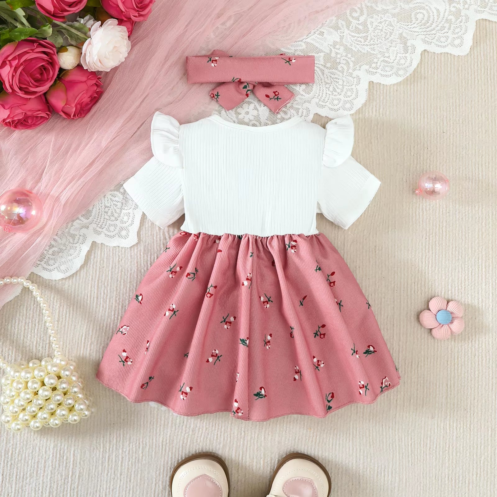 2Pcs/Set Baby Girl Dress Small Floral Large Bow Summer,Dress+Headband Set Suitable for 0-24 Months Baby Girls Fashionable Dress