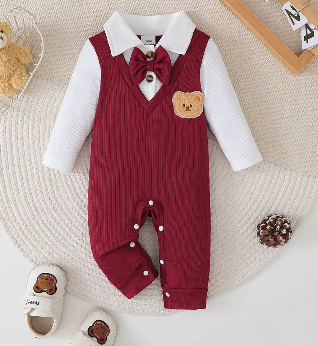 Newborn Baby Boy Bodysuit Lapel Bow College Style Long Sleeves Jumpsuit for 0-18 Months Baby Boys in Spring and Autumn Bodysuit