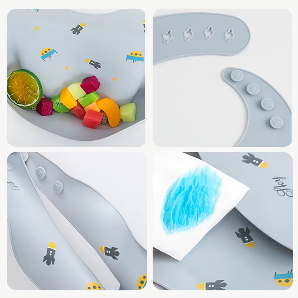 Waterproof Bibs for Kids Feeding Baby Eating Stuff Soft Silicone Babeast Cartoon Printed Adjustable Baby Tasting Feeding Bibs