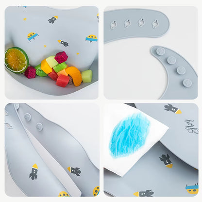 Waterproof Bibs for Kids Feeding Baby Eating Stuff Soft Silicone Babeast Cartoon Printed Adjustable Baby Tasting Feeding Bibs