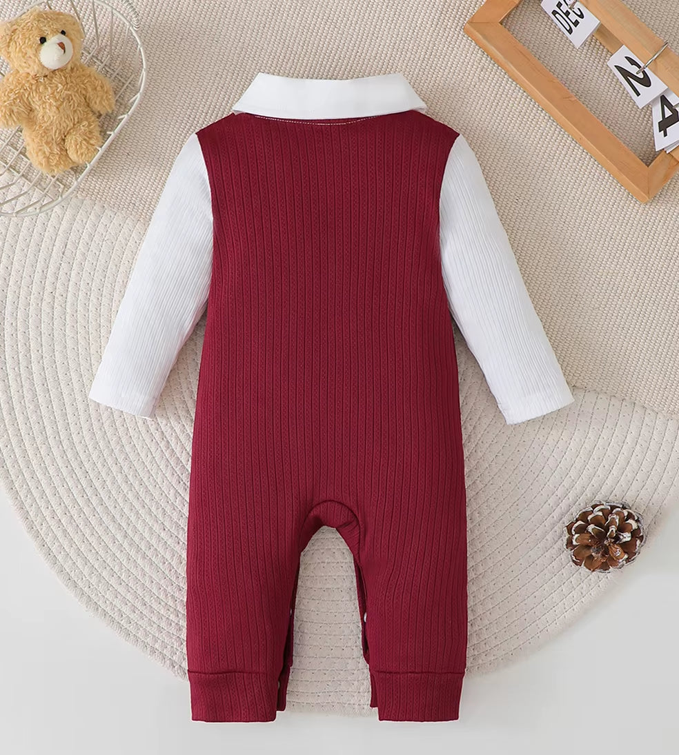 Newborn Baby Boy Bodysuit Lapel Bow College Style Long Sleeves Jumpsuit for 0-18 Months Baby Boys in Spring and Autumn Bodysuit