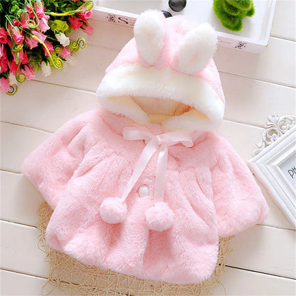 Winter Baby Girl Jacket Sweet and Cute Warm Hooded Rabbit Ear Wool Sweater Minimalist Children'S Clothing Suitable for 0-3 Year