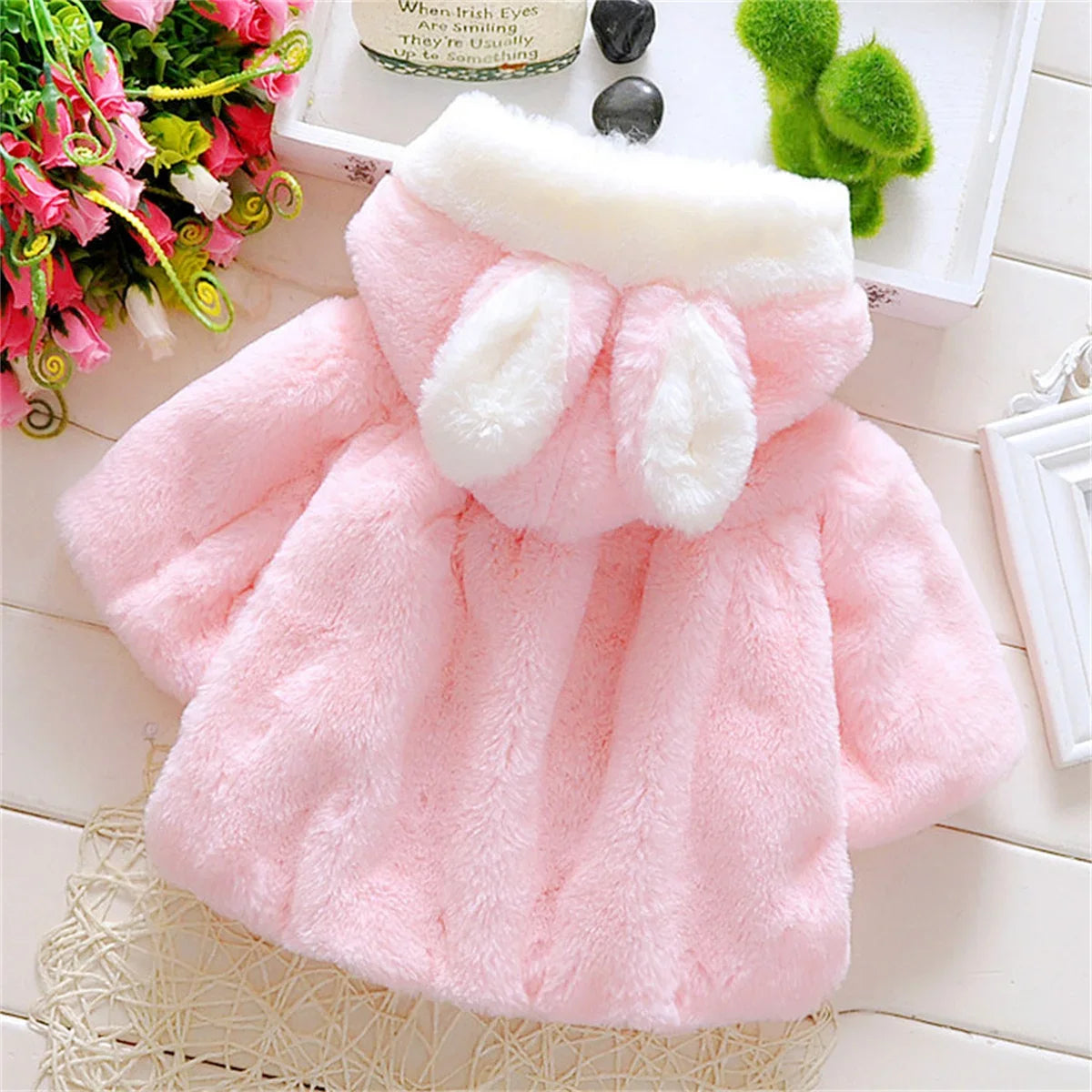 Winter Baby Girl Jacket Sweet and Cute Warm Hooded Rabbit Ear Wool Sweater Minimalist Children'S Clothing Suitable for 0-3 Year