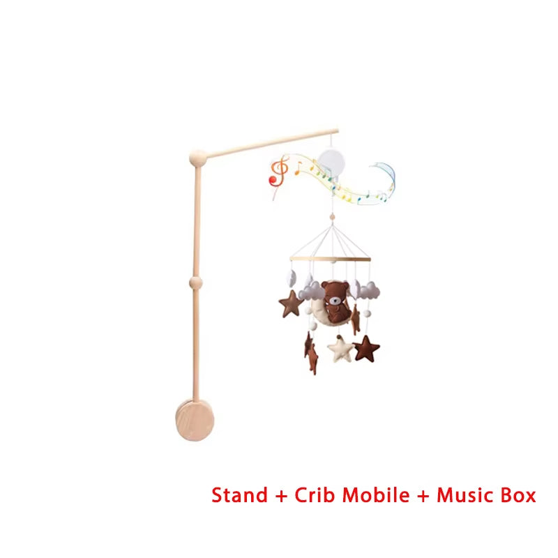 Wooden Crib Mobile Baby Bed Bell Rattle Toy Soft Felt Cartoon Bear Mobile Bracket Newborn Music Box Bed Bell Hanging Bracket Toy