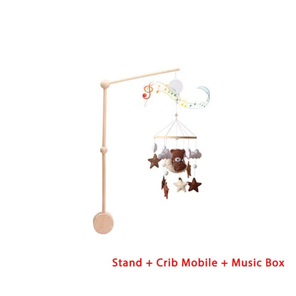 Wooden Crib Mobile Baby Bed Bell Rattle Toy Soft Felt Cartoon Bear Mobile Bracket Newborn Music Box Bed Bell Hanging Bracket Toy