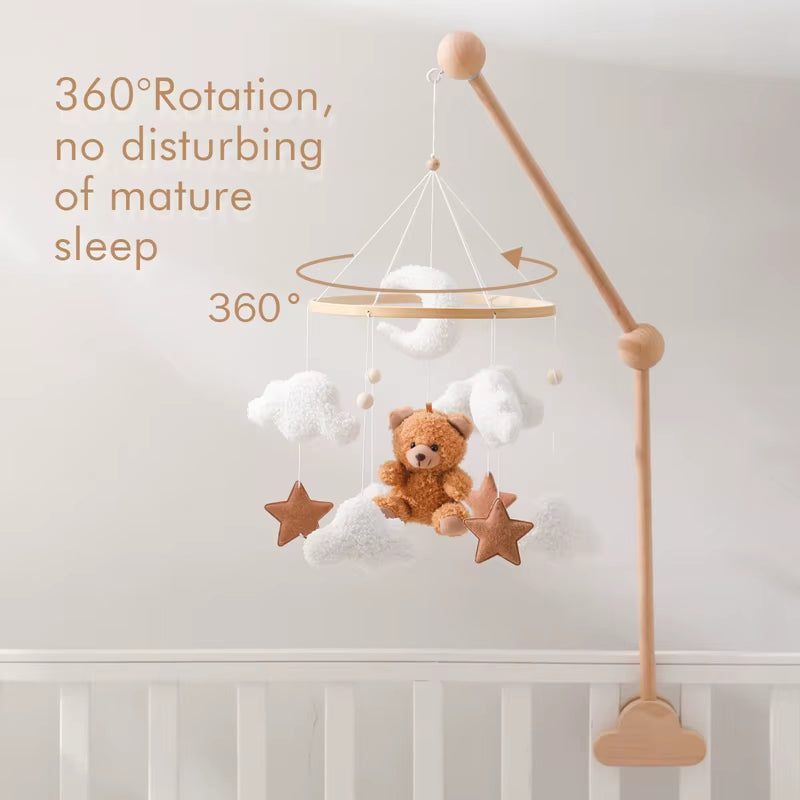 Wooden Crib Mobile Baby Bed Bell Rattle Toy Soft Felt Cartoon Bear Mobile Bracket Newborn Music Box Bed Bell Hanging Bracket Toy