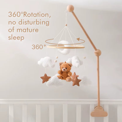 Wooden Crib Mobile Baby Bed Bell Rattle Toy Soft Felt Cartoon Bear Mobile Bracket Newborn Music Box Bed Bell Hanging Bracket Toy
